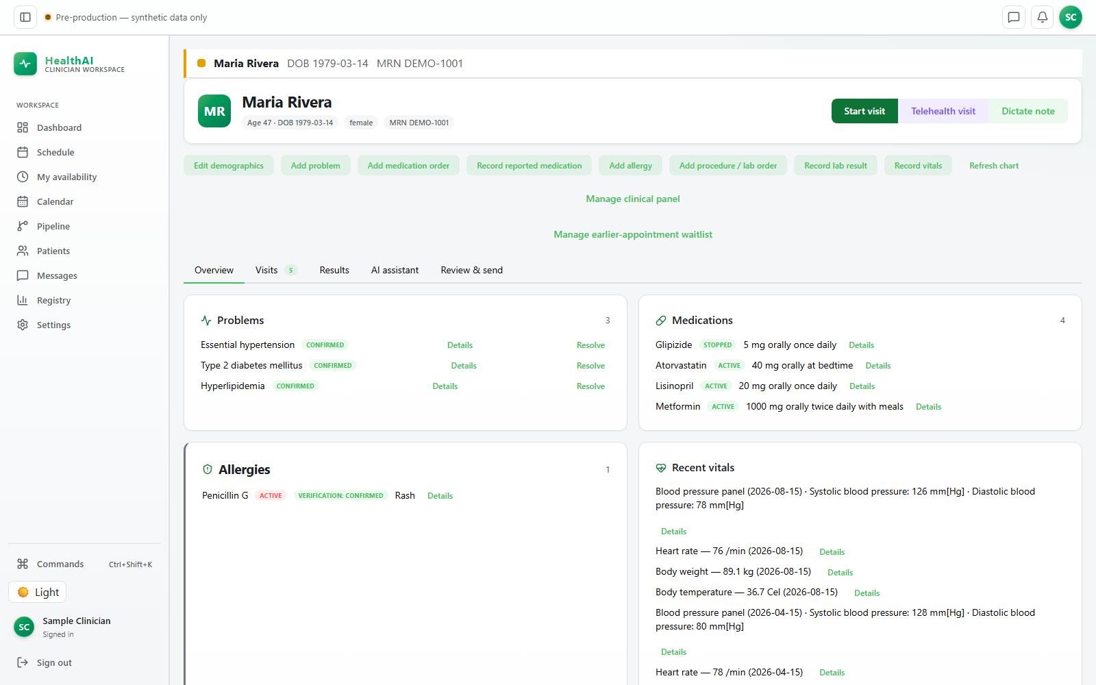 HealthAI development build showing the chart of fictional demo patient Maria Rivera: problems, medications, an allergy and recent vital signs, under a “Pre-production — synthetic data only” banner.