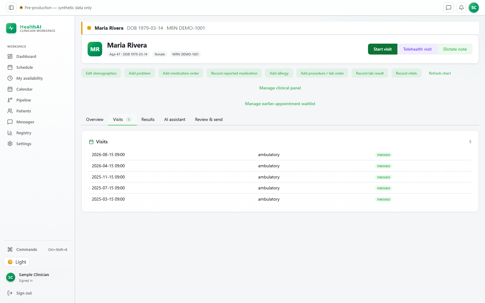 HealthAI development build: visit history for fictional demo patient Maria Rivera, listing five finished ambulatory visits.